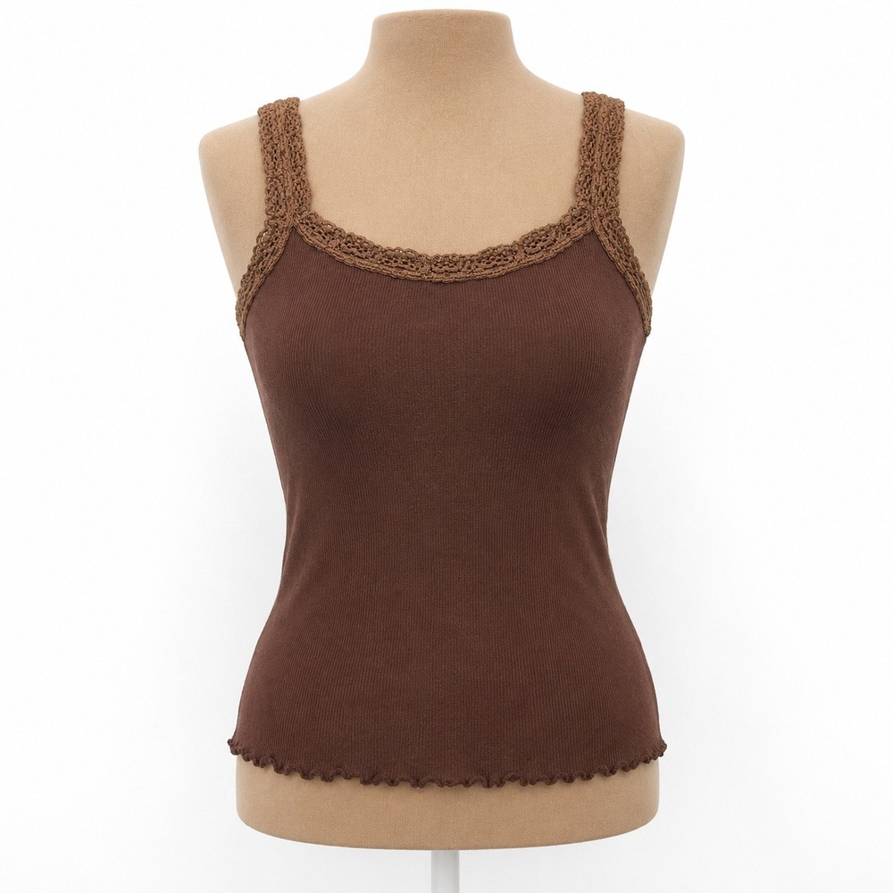 Vintage Y2K Lace Trim Ribbed Stretch Cami Tank Size L Brown Lettuce Hem Preppy